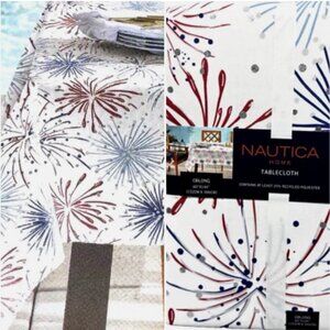 Nautica 4th of July Fireworks 60x144 Tablecloth Silver Foil Red Blue In/ Outdoor